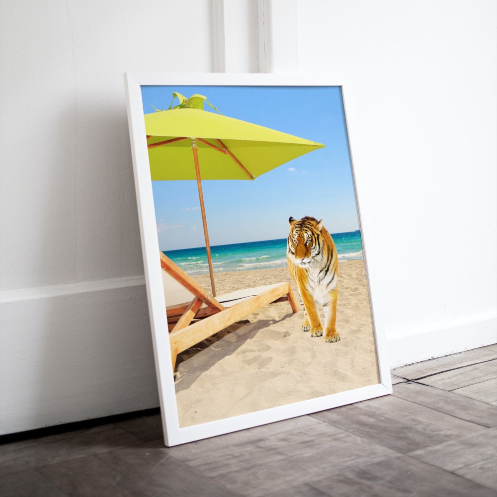 Tiger in Miami Beach Print INSTANT DOWNLOAD, turquoise pastel beach print, tiger poster, Coastal decor, Miami beach poster, tiger lover gift