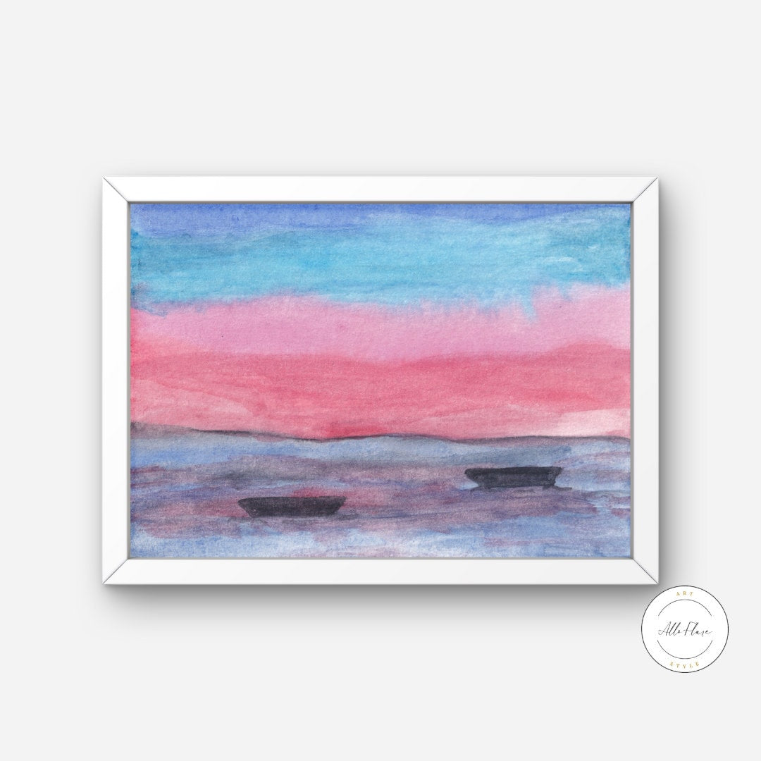 Watercolor Horizontal Sea Painting INSTANT DOWNLOAD, Coastal Ocean Poster, Seaside Beachy Print, fishing boat watercolor, coastal artwork