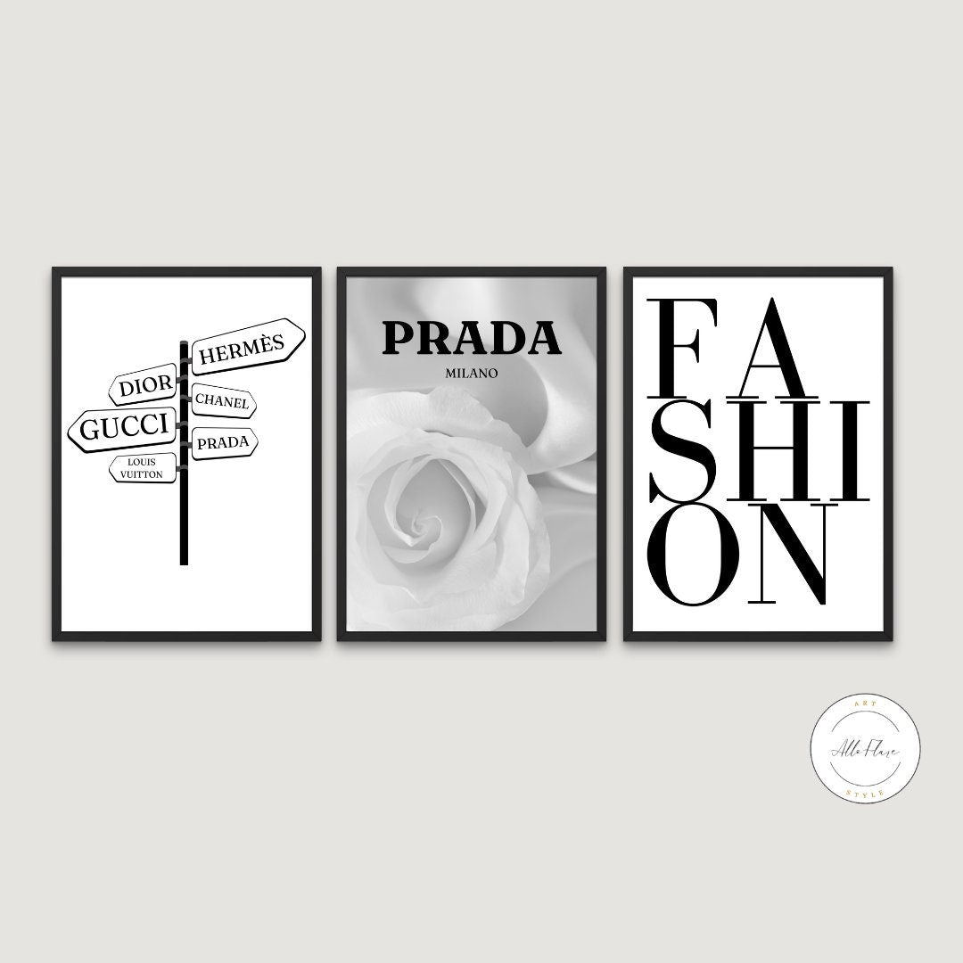 Set of 3 Black and White Luxury Fashion Posters INSTANT DOWNLOAD, Fashion wall art, Black & white glam décor, Luxury Designer Wall Art