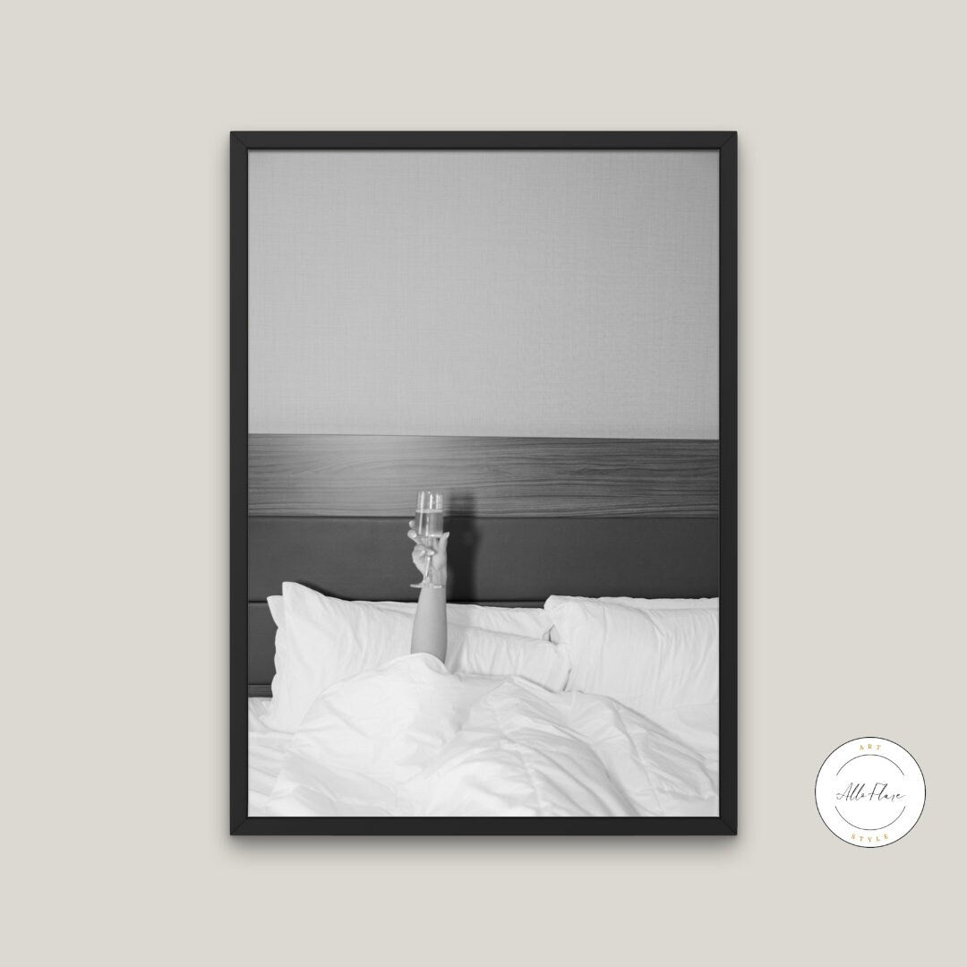 Champagne in Bed Fashion Poster INSTANT DOWNLOAD, Classy wall art, glam decor, Bazaar poster, Fashion wall art, black white print, hypebeast