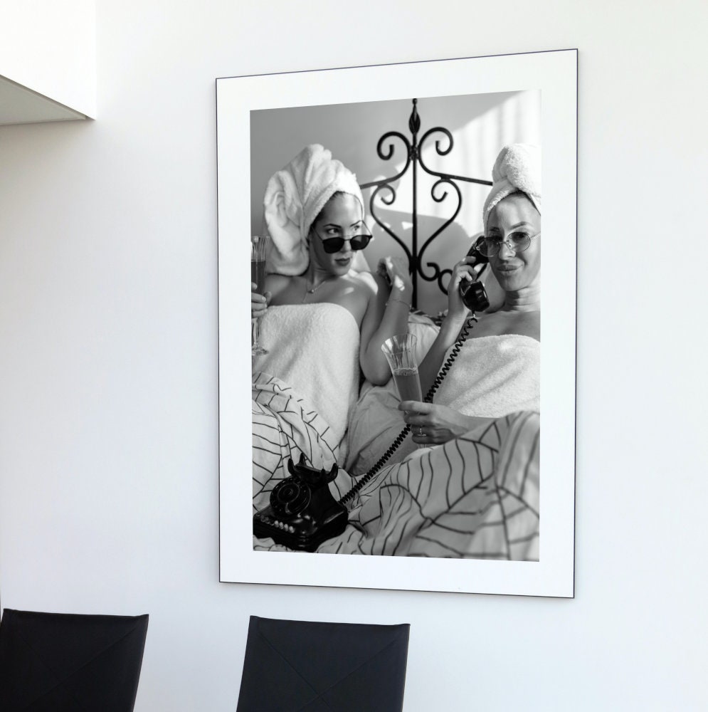 Friends Drinking Champagne in Bed Fashion Poster INSTANT DOWNLOAD, Classy wall art, black white glam decor, champagne problems, hypebeast