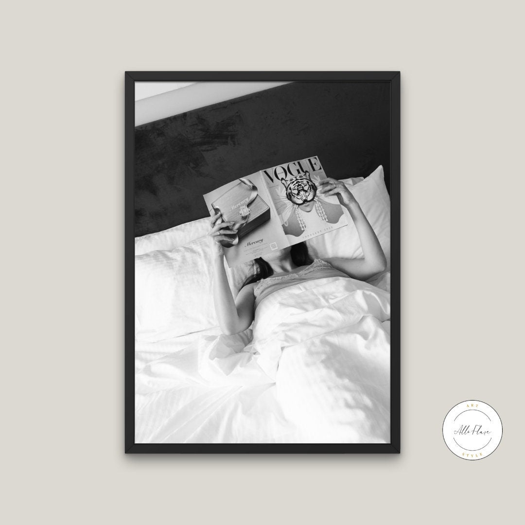Woman Reading Vogue in Bed Fashion Poster DIGITAL ART PRINT, Classy wall art, black white wall art, glam decor, luxury wall art, pop culture poster | Posters, Prints, & Visual Artwork | art for bedroom, art ideas for bedroom walls, art printables, bathroom wall art printables, bedroom art, bedroom pictures, bedroom wall art, bedroom wall art ideas, bedroom wall painting, black white prints, black white wall art, buy digital art prints online, buy digital prints online, canvas wall art for living room, class