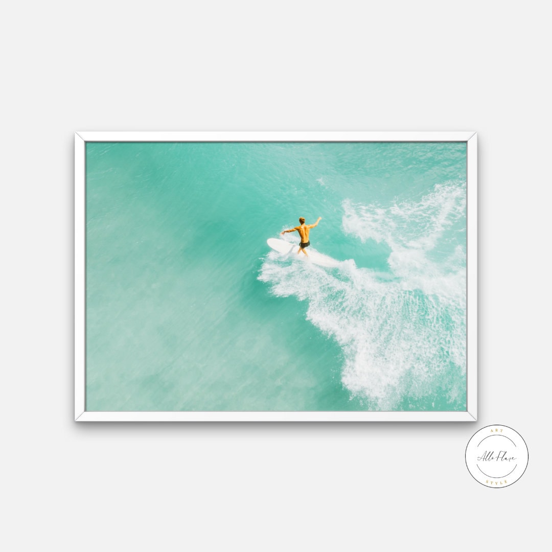 Aerial Surfer DIGITAL PRINT, aerial photograph print, surf wall decor, surfboard print, surfing photo, horizontal art, over bed wall art