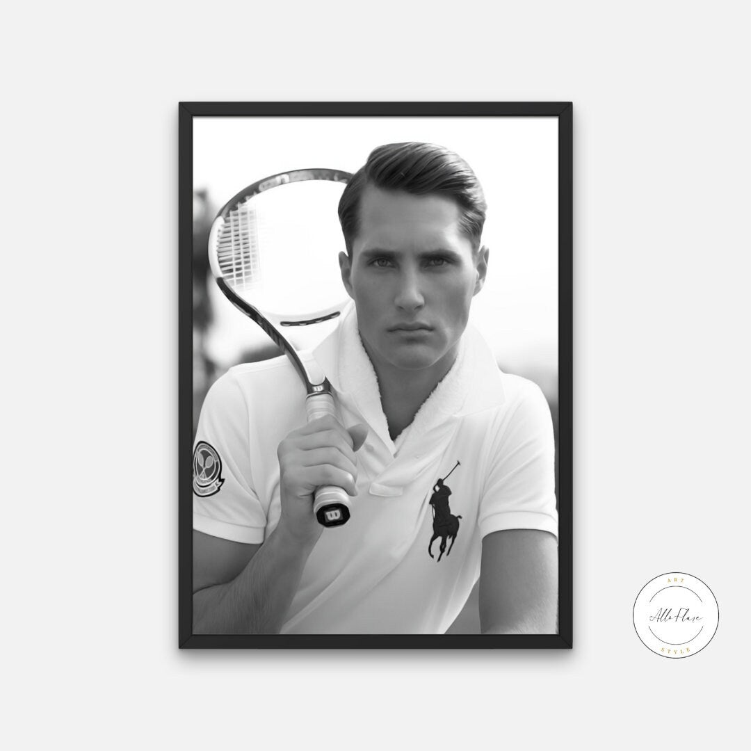 Black & White Preppy Tennis Poster DIGITAL PRINT, luxury fashion poster, preppy wall art, polo poster, preppy luxury aesthetic, male model