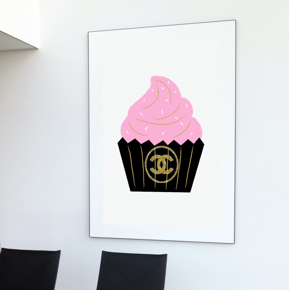 Designer Cupcake Wall Art DIGITAL PRINTS, Designer Wall Art Download, Fashion art, cake balloon poster, glam décor, black and gold, preppy
