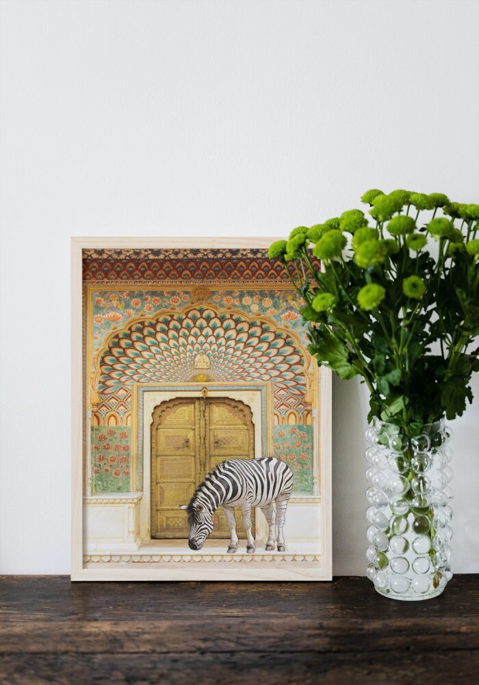 Zebra at Bohemian Gate DIGITAL PRINT, zebra wall art, Arabic Morocco poster, safari animal, Funny artwork, golden gate poster, boho wall art