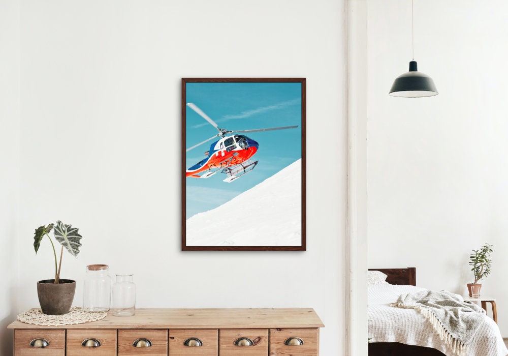Snow Helicopter Poster DIGITAL DOWNLOAD, sport prints, sports aesthetic, ski house decor, helicopter decor, aircraft poster, ski lover gift
