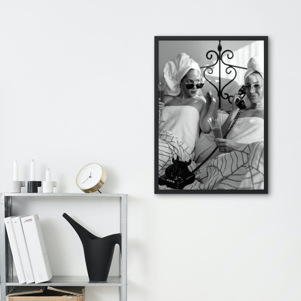 Friends Drinking Champagne in Bed Fashion Poster INSTANT DOWNLOAD, Classy wall art, black white glam decor, champagne problems, hypebeast