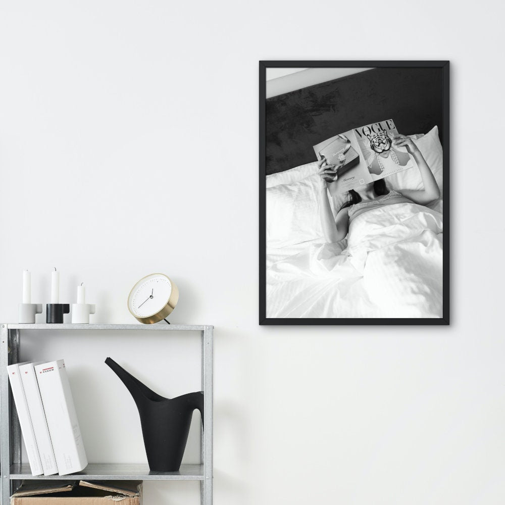 Woman Reading Vogue in Bed Fashion Poster INSTANT DOWNLOAD, Classy wall art, black white glam decor, luxury wall art, pop culture poster