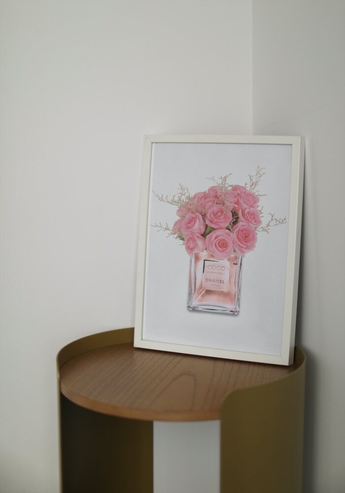 Roses in Perfume Bottle DIGITAL PRINT, Luxury Designer wall, Glam Print, blush pink wall art, perfume artwork fashion, pink apartment decor