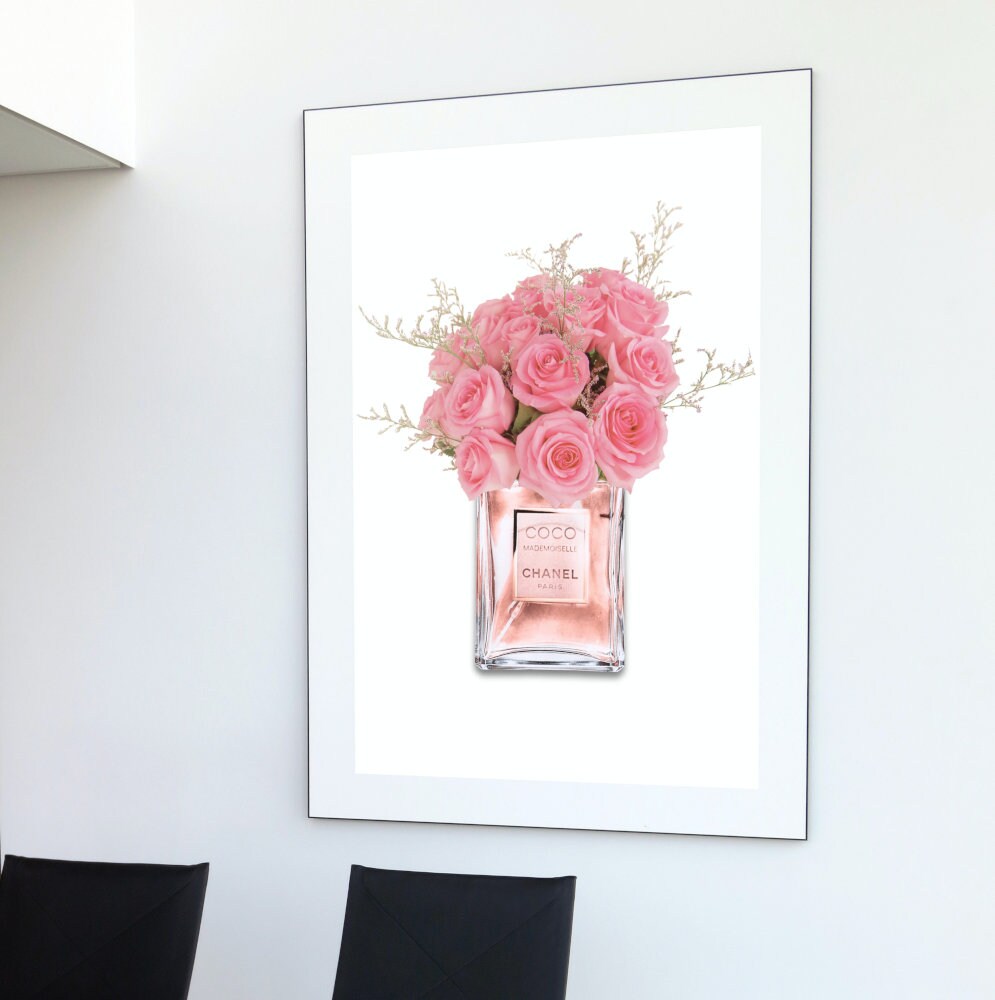 Roses in Perfume Bottle DIGITAL PRINT, Luxury Designer wall, Glam Print, blush pink wall art, perfume artwork fashion, pink apartment decor