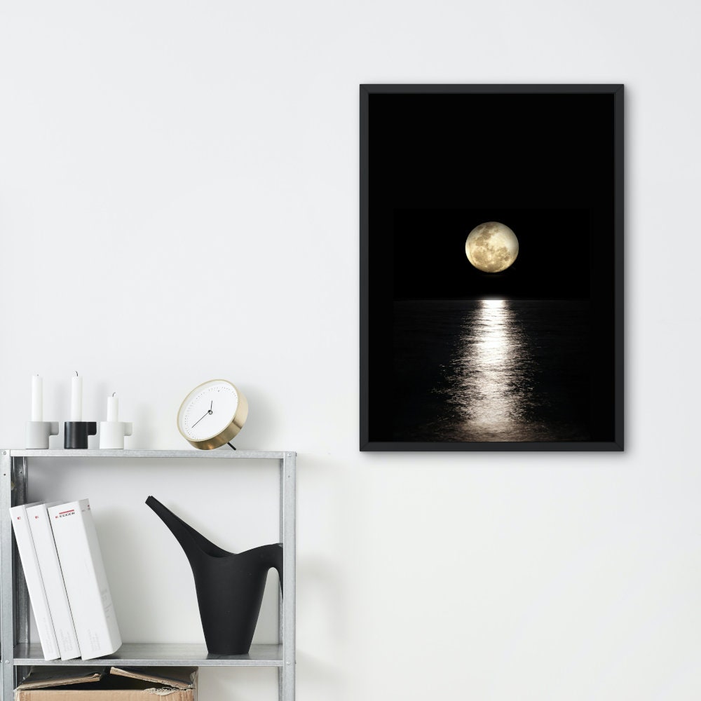 Moon Over the Ocean Print INSTANT DOWNLOAD, Indie wall art, Moon posters, Night sky, Mystical Celestial, sun and moon print, dark academia