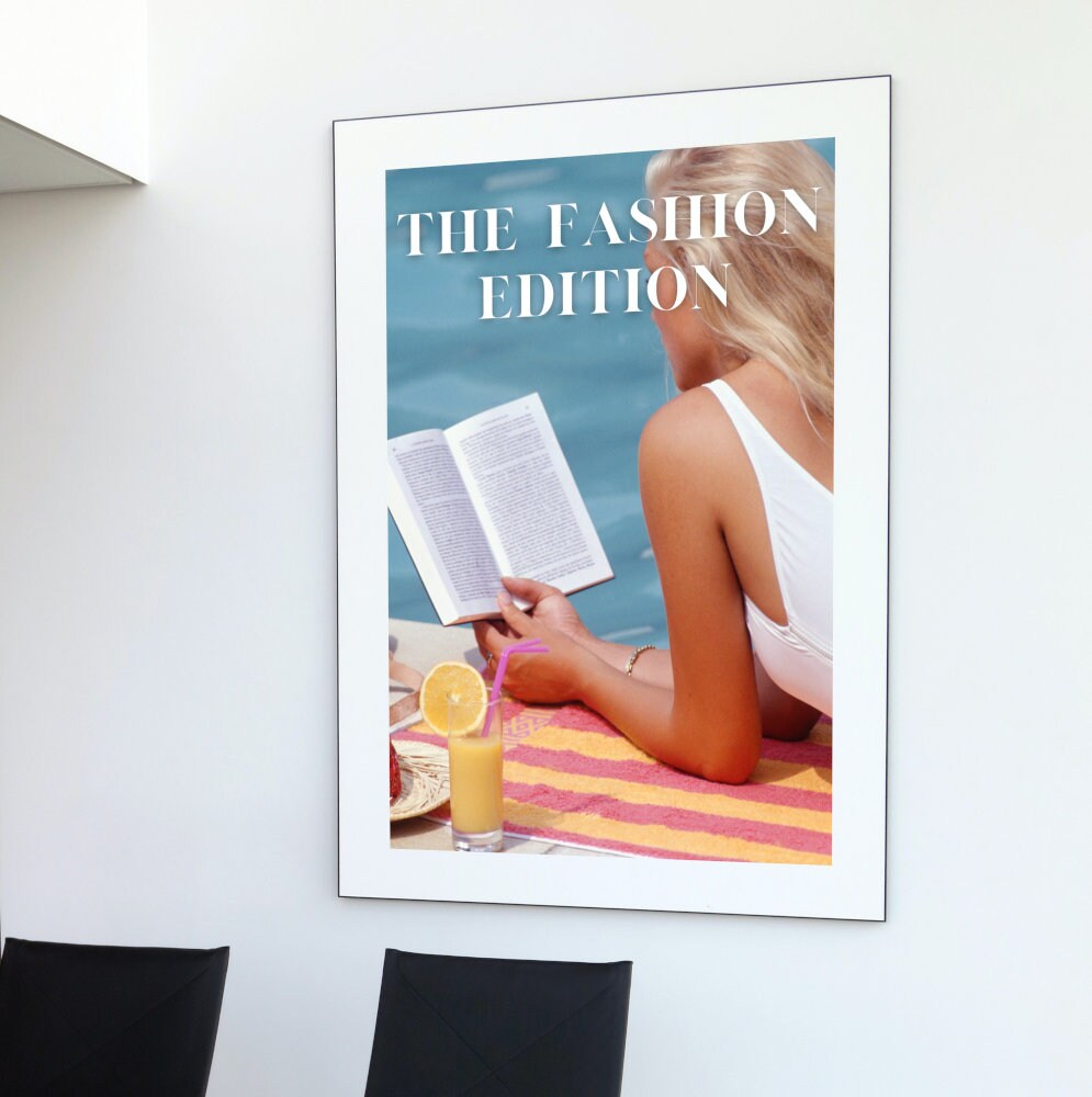 Fashion Edition Summer Poolside DIGITAL PRINT, swimming pool art, beach house decor, beachy decor, fashion prints, book lover art print