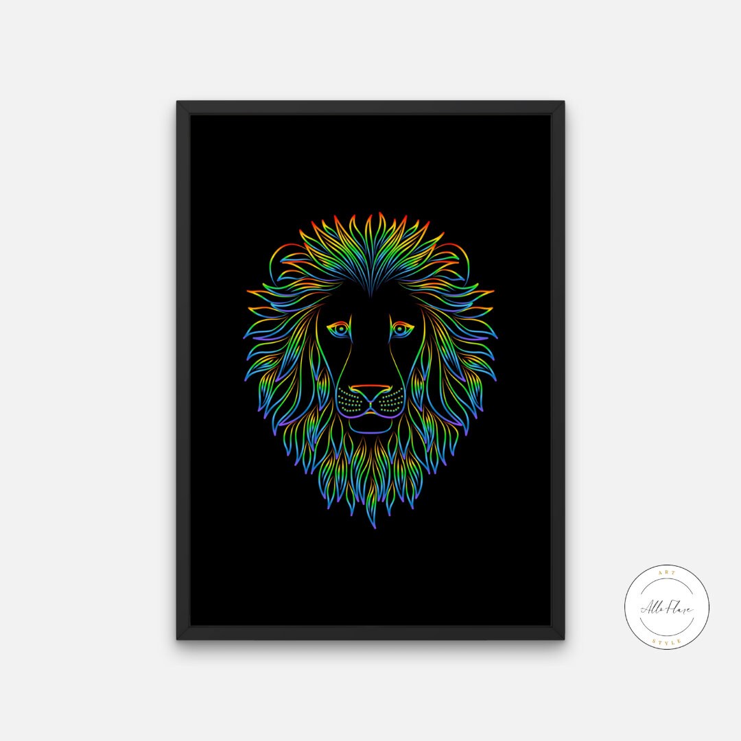 Neon Lion Poster DIGITAL DOWNLOAD ART PRINTS, Lion head image, neon poster, lion head, cat themed gifts, cool poster, street style decor, psychedelic | Posters, Prints, & Visual Artwork | art for bedroom, art ideas for bedroom walls, art printables, bathroom wall art printables, bedroom art, bedroom pictures, bedroom wall art, bedroom wall art ideas, bedroom wall painting, black urban wall art, black white print, buy digital art prints online, buy digital prints online, canvas wall art for living room, colo