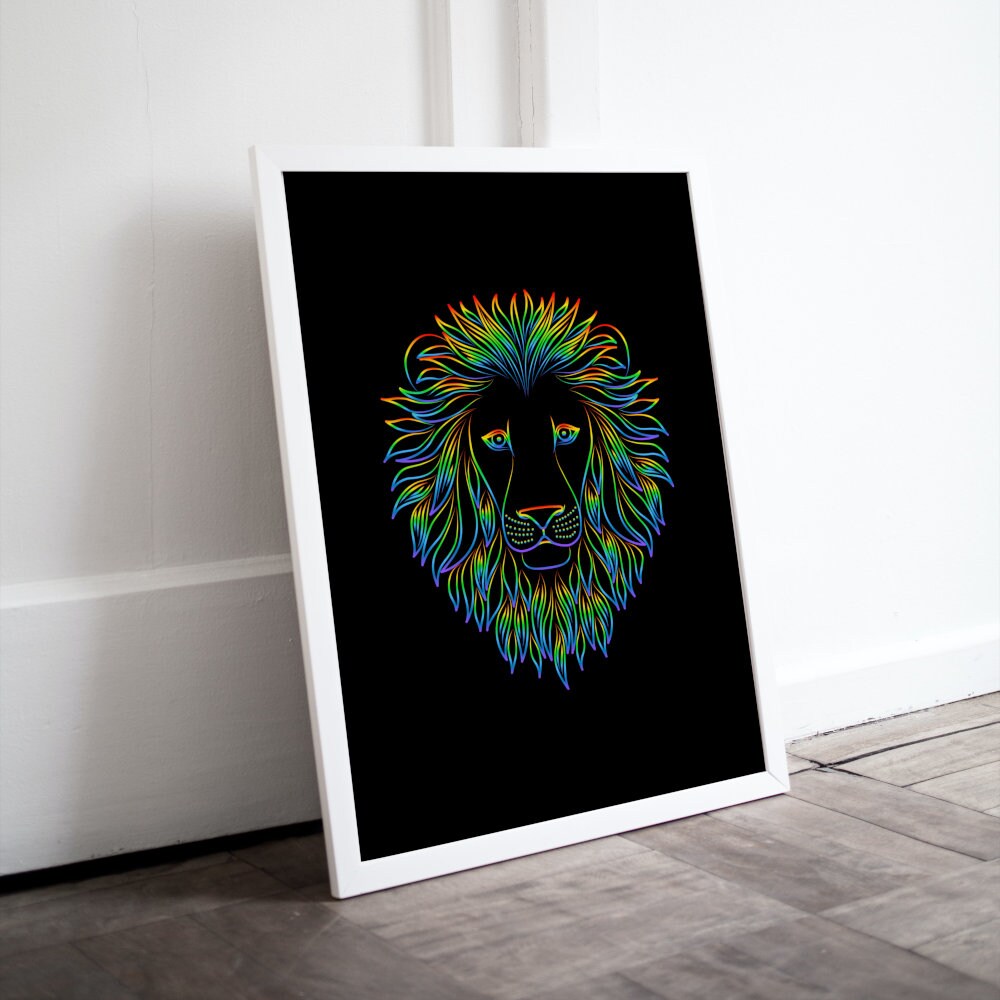 Neon Lion Poster INSTANT DOWNLOAD, Lion head image, neon poster, lion head, cat themed gifts, cool poster, street style decor, psychedelic