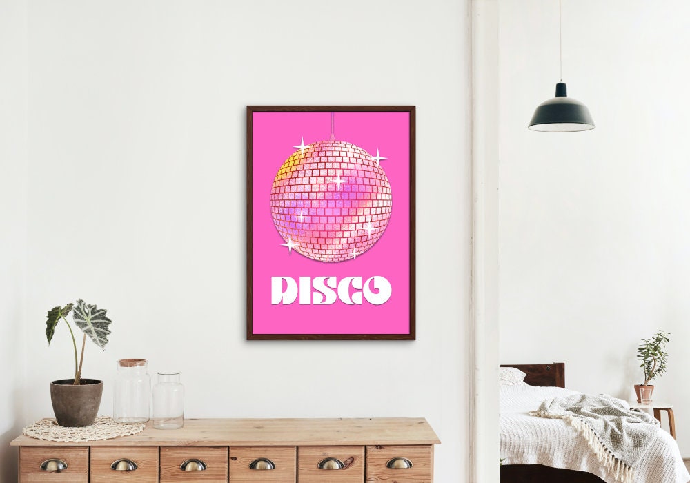 Pink Disco Ball One Piece Wall Art INSTANT DOWNLOAD, light pink wall art, dorm decor for college girl, Preppy Art Print, disco ball painting