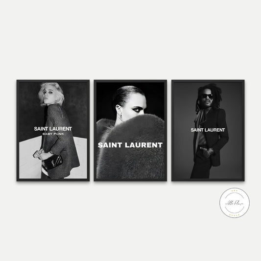 Set of 3 Black and White Indie Fashion Posters DIGITAL PRINT, Rock Music Print, punk luxury fashion, Lenny Kravitz Cara, fashion photography