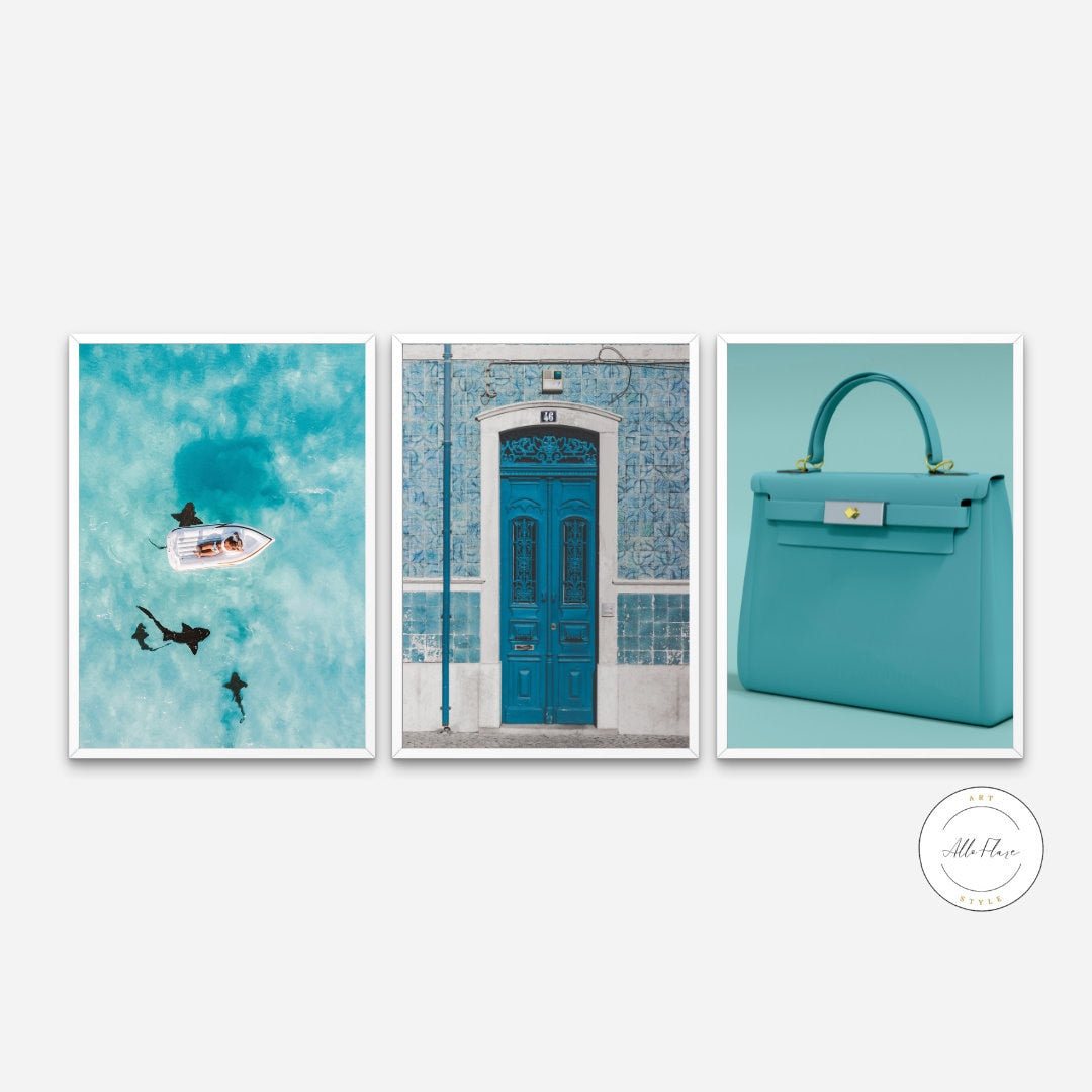Set of 3 Turquoise Luxury Coastal Prints INSTANT DOWNLOAD, coastal wall decor, aqua wall art, aerial surfer print, luxury fashion prints