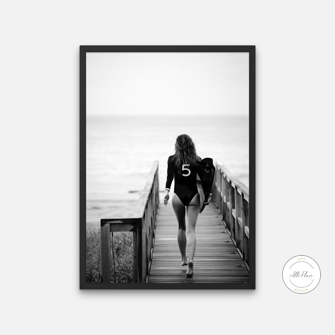 Surfer Girl No 5 Black and White DIGITAL PRINT, Fashion poster, High fashion wall art, Black & white designer prints, coastal designer decor