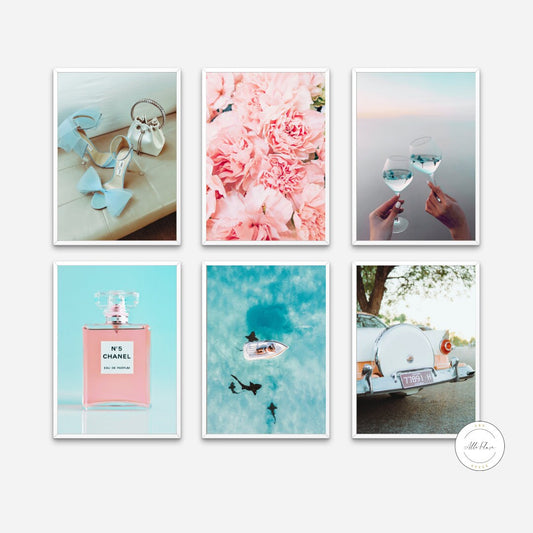 Set of 6 Pink Turquoise Luxury Prints INSTANT DOWNLOAD, glam wall decor, aqua wall art, luxury fashion prints, perfume Cadillac flowers wine