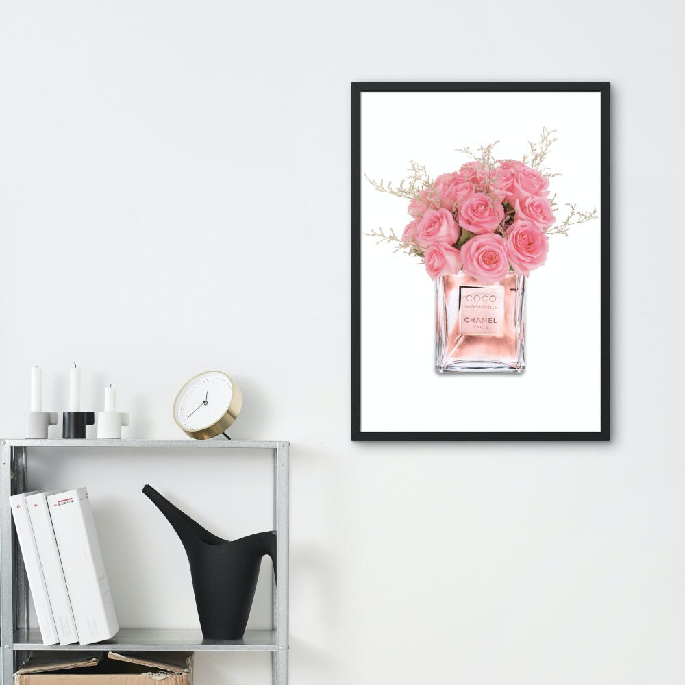 Roses in Perfume Bottle DIGITAL PRINT, Luxury Designer wall, Glam Print, blush pink wall art, perfume artwork fashion, pink apartment decor