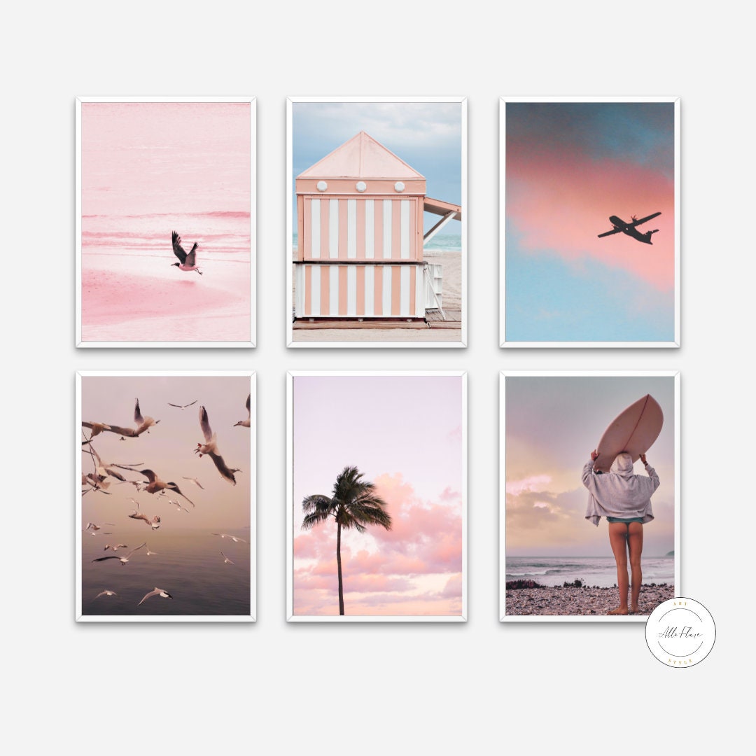 Airy Pink Coastal Gallery Wall Set of 6 DIGITAL PRINTS, pastel beach print, coastal print set, palm print, surfer girl print, beach scene