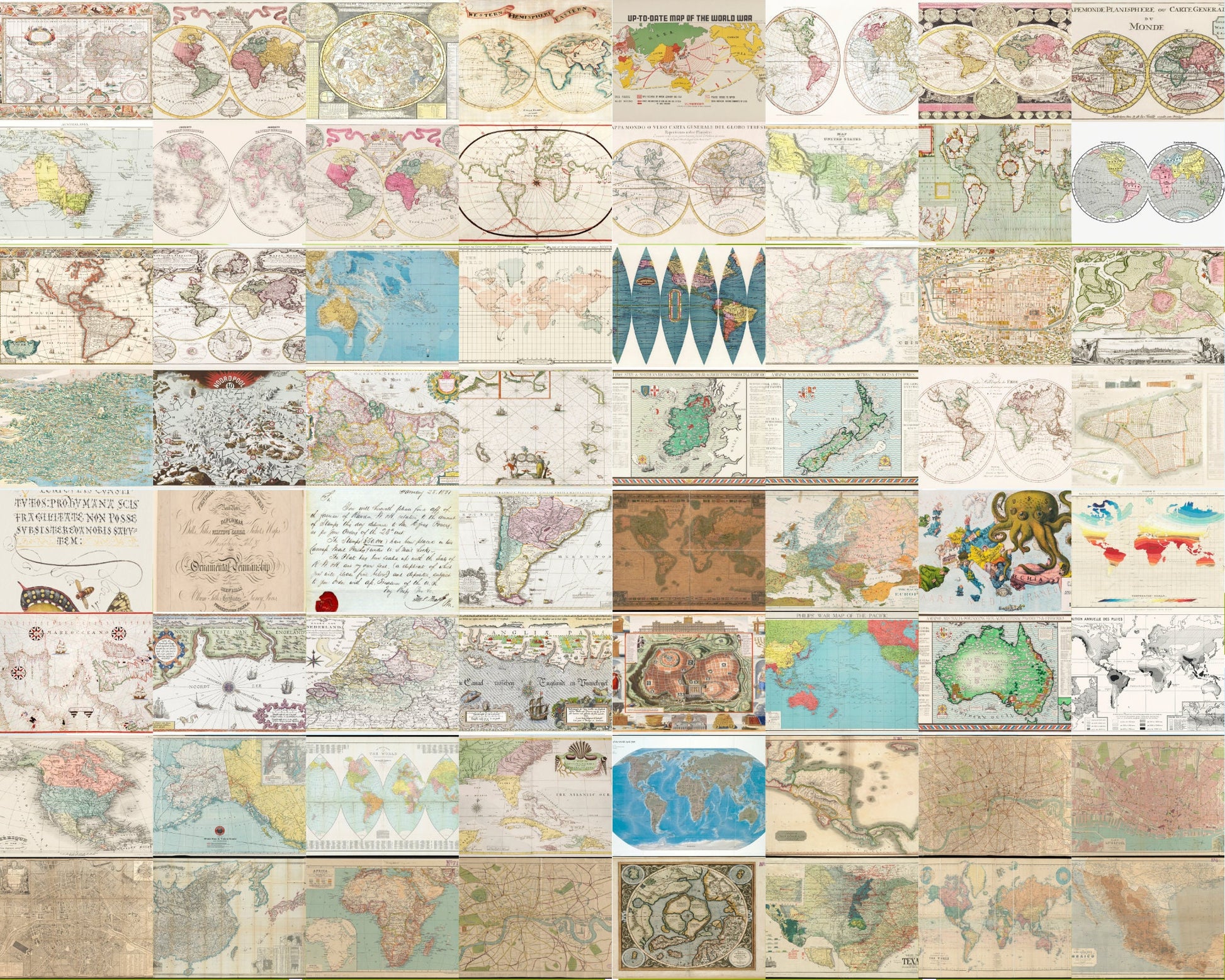 300 PCS Vintage Maps and Letters Wall Collage Kit INSTANT DOWNLOAD, map photo collage, photo letters, analog collage, retro world map print
