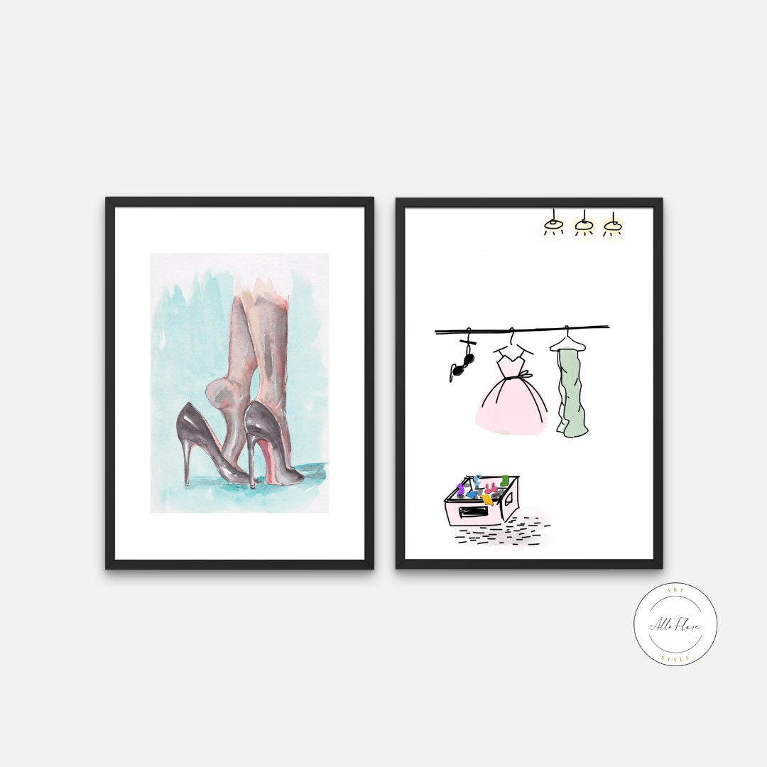 Glam Drawing Set of 2 DIGITAL PRINTS, Fashion Wall Decor, Watercolor Glam Art, fashion illustration, black heels, closet decor, feminine
