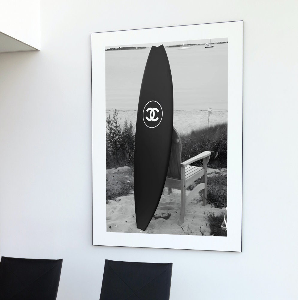 Black and White Luxury Surfboard Print DIGITAL DOWNLOAD, Fashion poster, High fashion wall art, Black & white designer print, surf board art