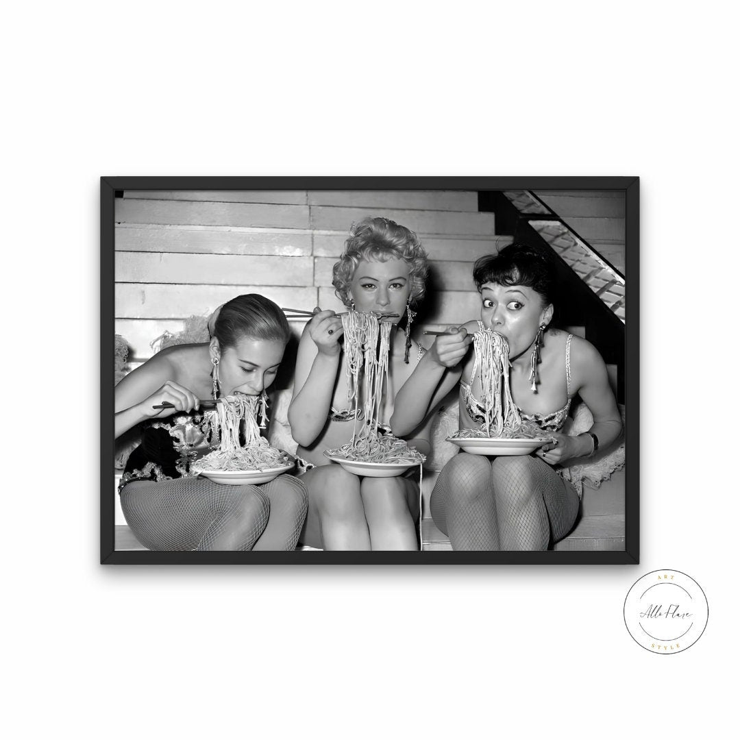 Black & White Women Eating Spaghetti INSTANT DOWNLOAD, Vintage Women Print, Funny Vintage Photography, Museum Quality, vintage food poster