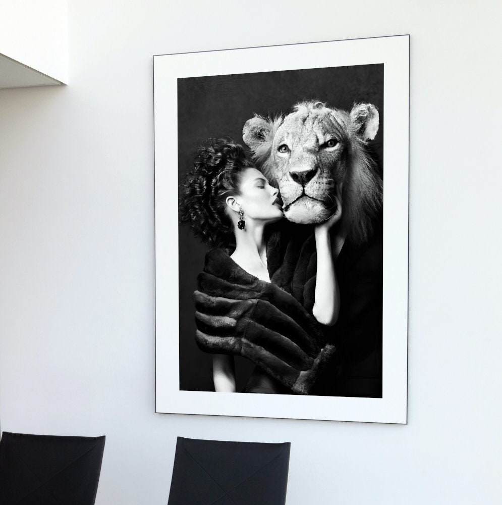 Black and White Lady and Lion Glam Wall Art DIGITAL PRINT, Luxury Fashion photography, Glam poster, over the bed art, lion fashion poster