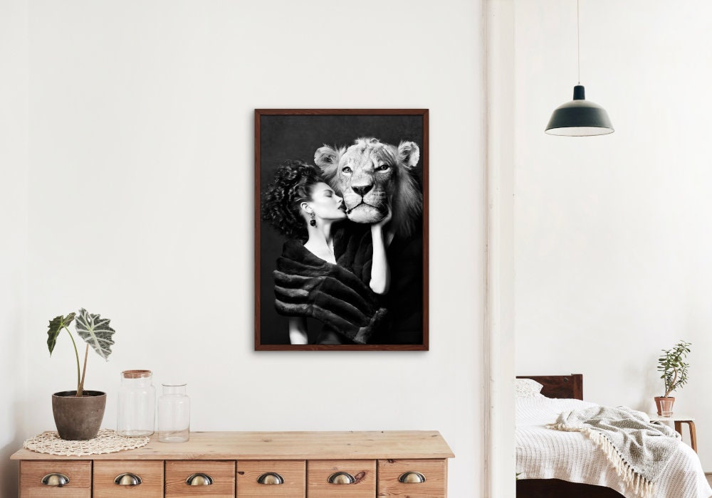 Black and White Lady and Lion Glam Wall Art DIGITAL PRINT, Luxury Fashion photography, Glam poster, over the bed art, lion fashion poster