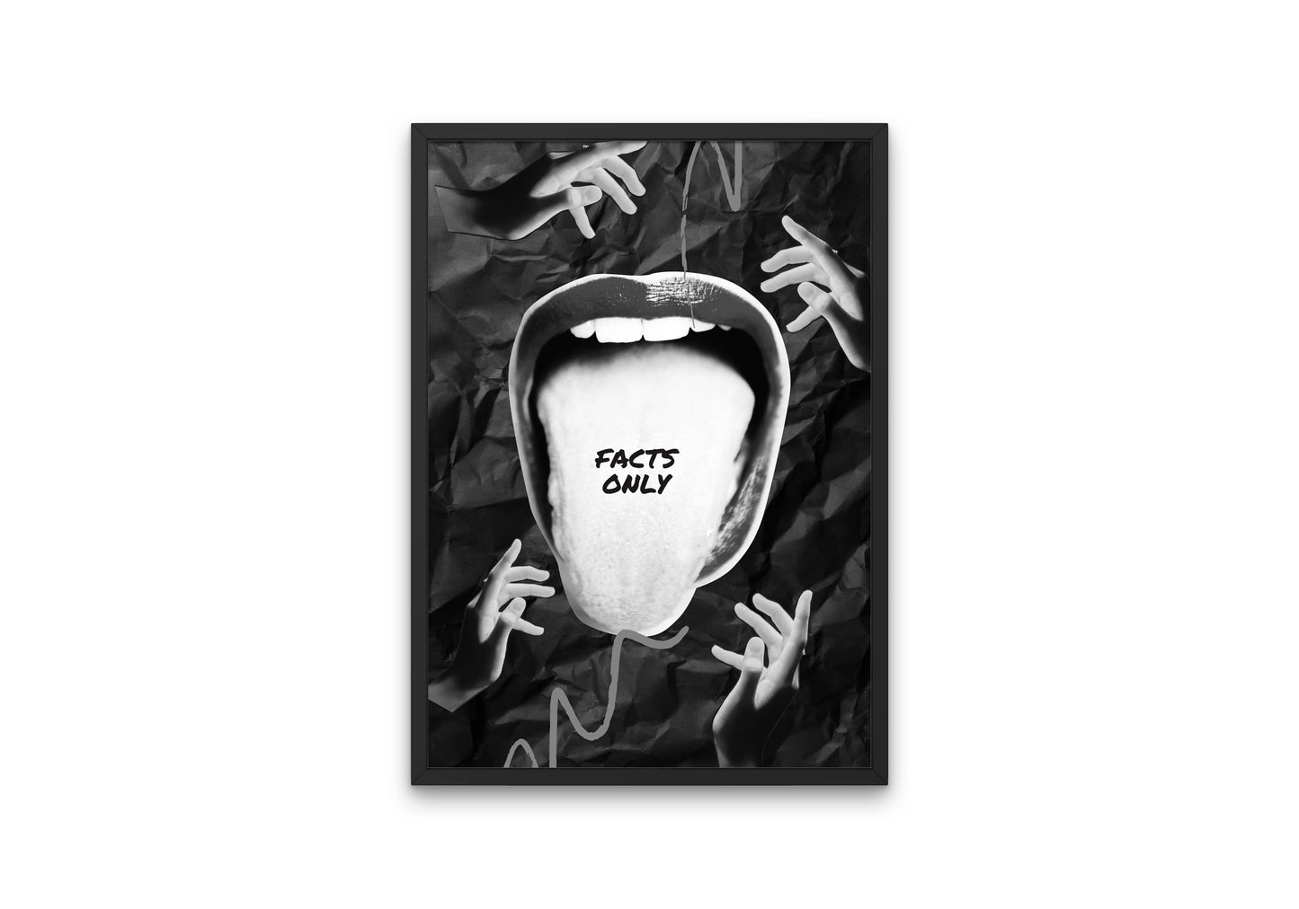 Black and White Facts Only Tongue Poster INSTANT DOWNLOAD, funny sarcastic quote, rock roll poster, cool artwork, big mouth, abstract print