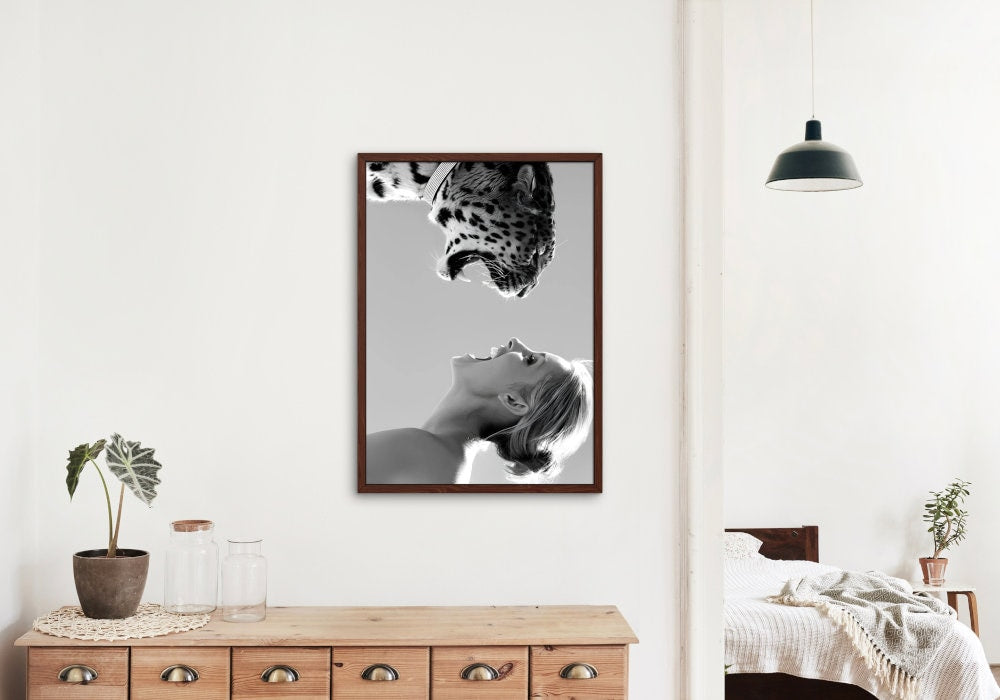 Black and White Tiger And Woman Scream DIGITAL PRINT, black & white glam decor, loud mouth, tiger poster, fashion print, tiger lover gift