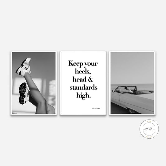Set of 3 Fashion Prints INSTANT DOWNLOAD, Classy wall art, Silver glam decor, Glam posters, keep your heels head & standards high, car decor