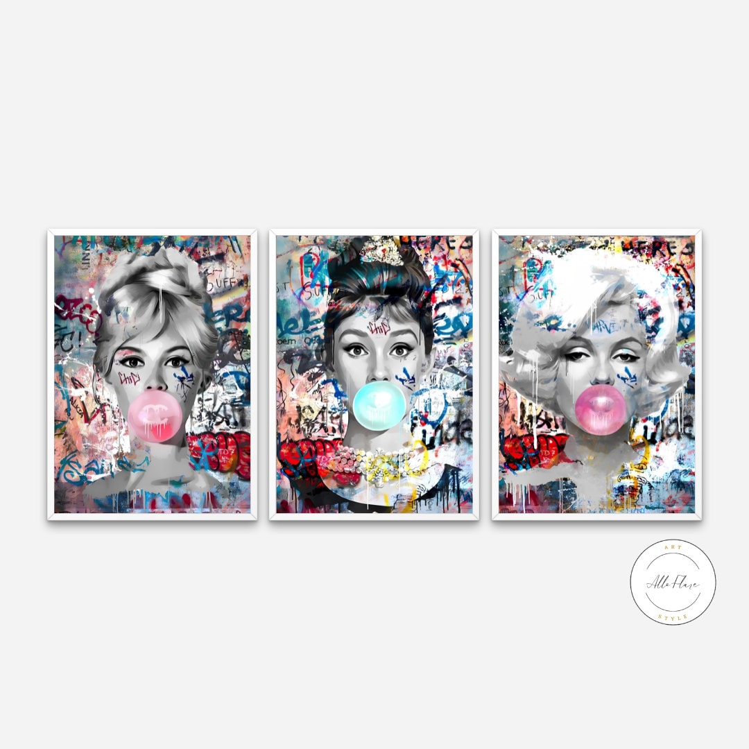 Marilyn Brigitte Audrey Bubble Gum Wall Art Street Style Set of 3 Prints INSTANT DOWNLOAD, Graffiti Print, Banksy Wall Decor, Trendy Pop Art