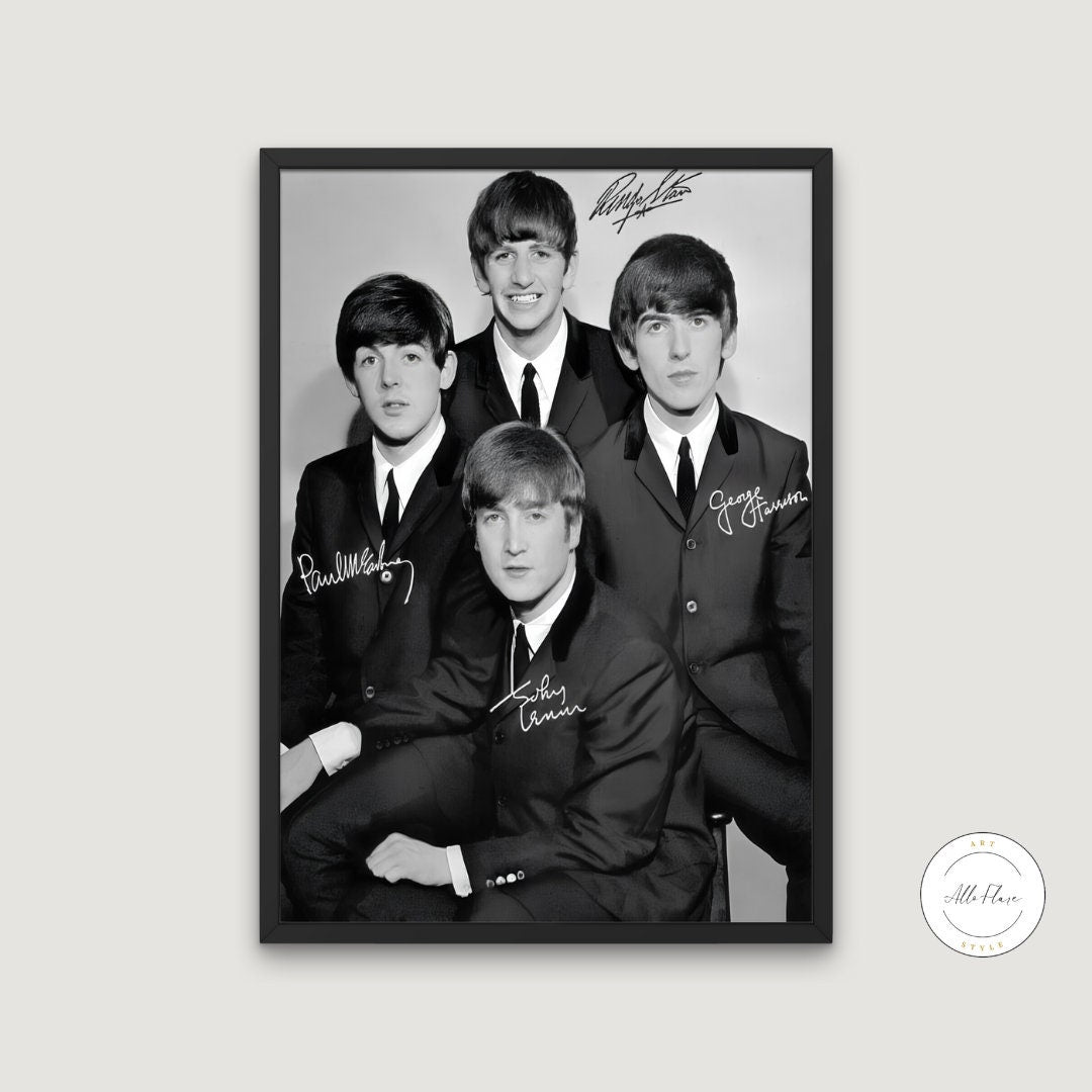 Autographed The Beatles Poster Black and White DIGITAL PRINT, Rock Music Wall Decor, Band Poster, beatles memorabilia, Vintage Poster Gift