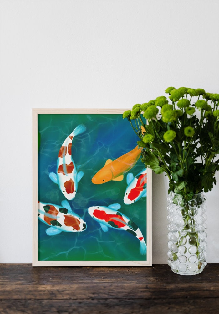 Koi Fish Poster INSTANT DOWNLOAD, colorful coastal decor, koi fish wall art, koi pond, sea creature print, japandi print, fish wall decor
