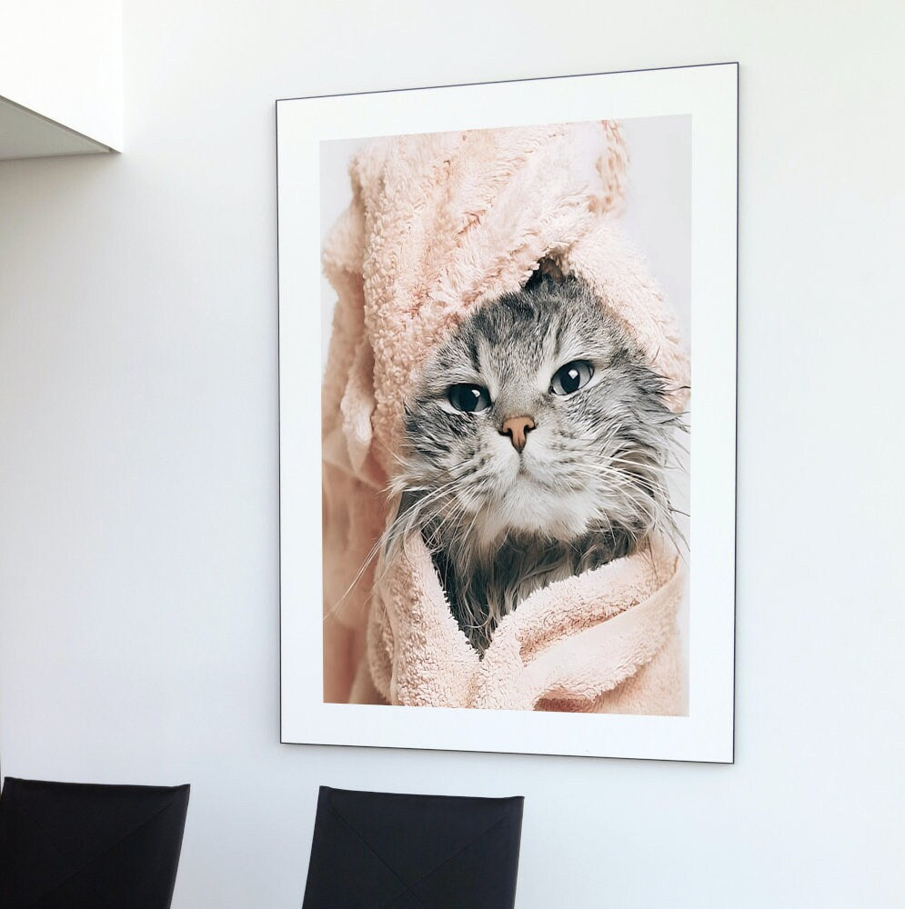 Cat in Robe Poster DIGITAL PRINT, funny cat poster, Fashion Poster, blush pink wall art, Glam bathroom Wall Art, cat themed gifts, cat lover
