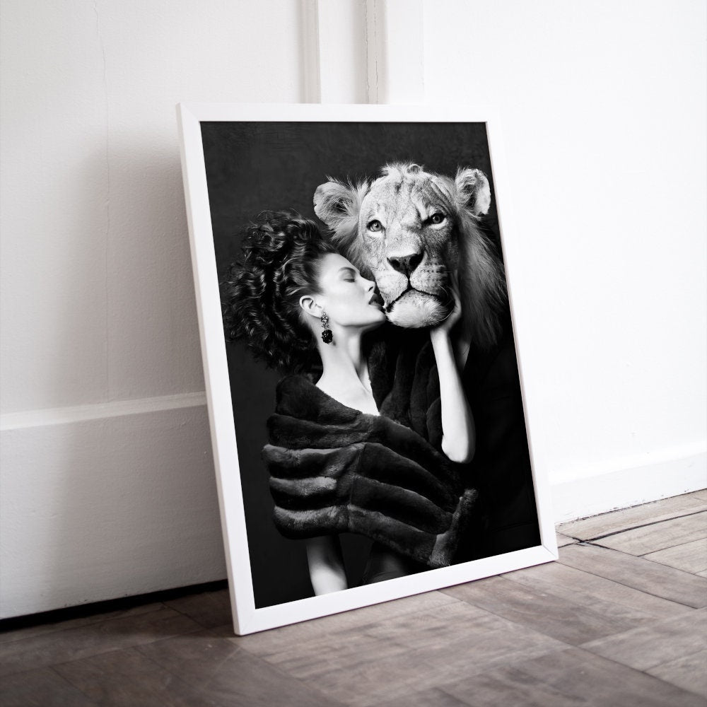 Black and White Lady and Lion Glam Wall Art DIGITAL PRINT, Luxury Fashion photography, Glam poster, over the bed art, lion fashion poster