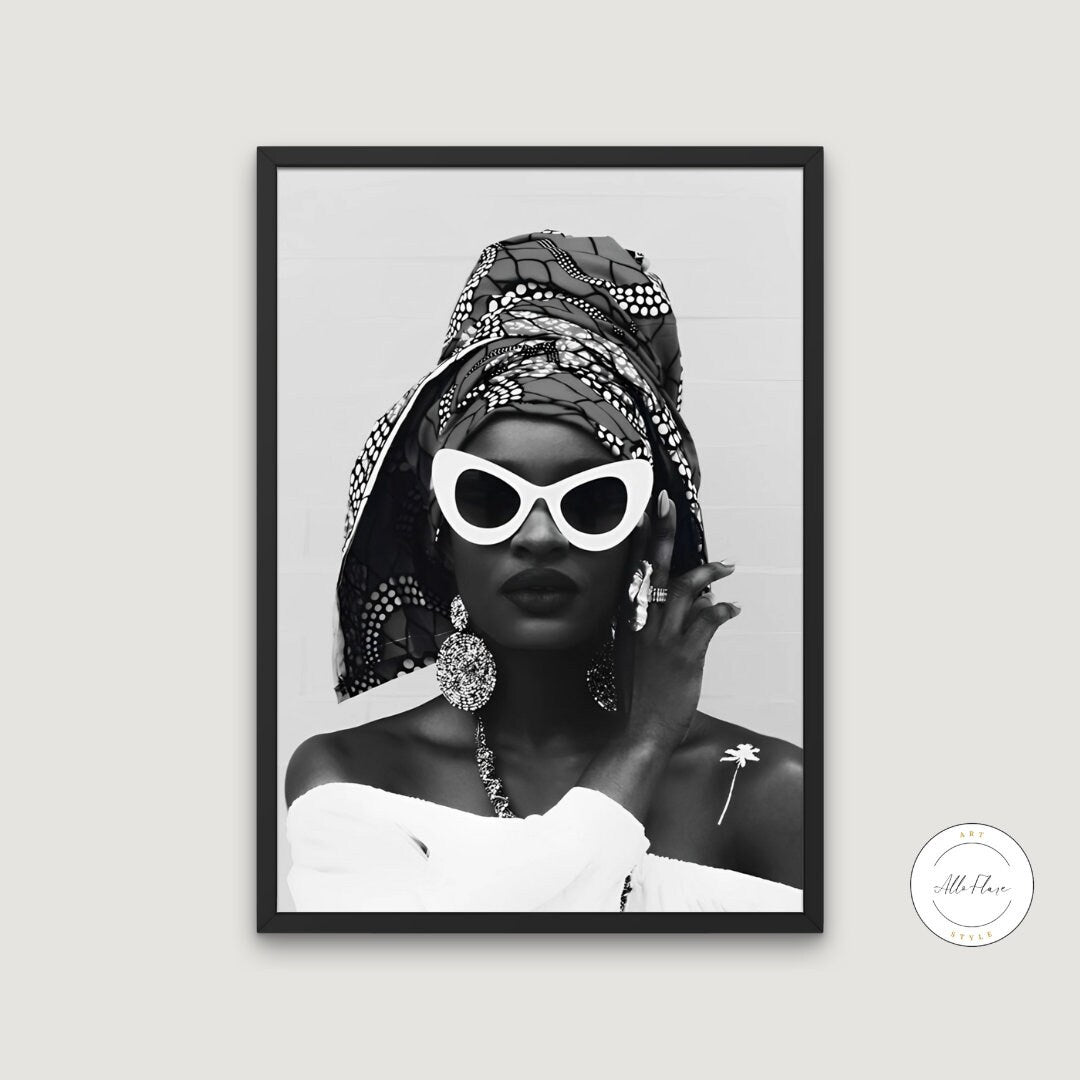 Woman in gold wall art PRINTABLE, black and white portrait poster, Glam wall art, Beauty room decor, fashion print, african fashion artwork