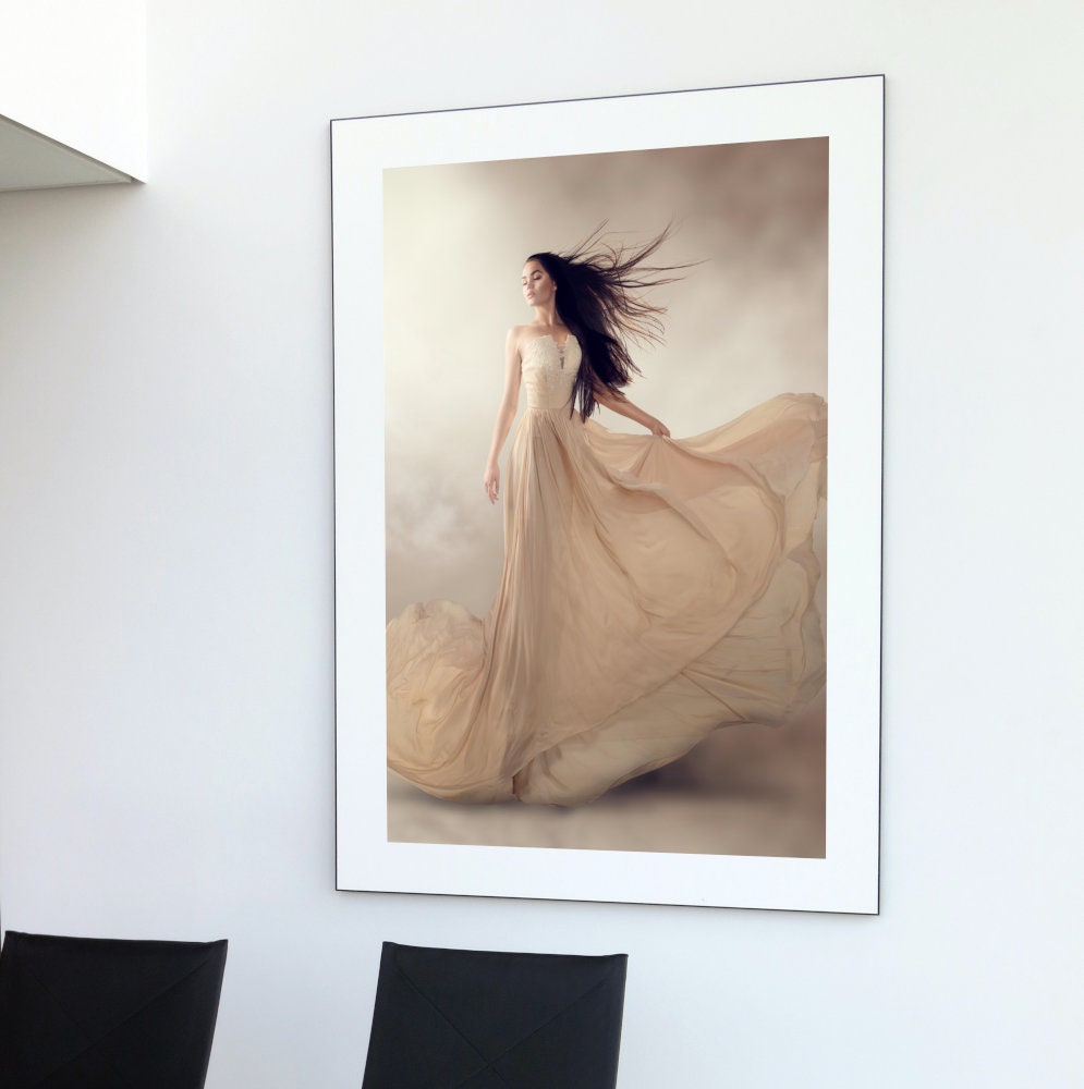 Lady in Chiffon Dress Glam Poster INSTANT DOWNLOAD, Mystical Celestial, fashion wall art, beige wall art, divine feminine art, model photo