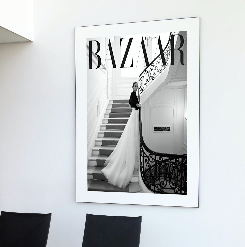 Black and White Vintage Bazaar Cover INSTANT DOWNLOAD, black & white prints aesthetic, Glamour Art, Fashion Wall Art, Retro Magazine Posters