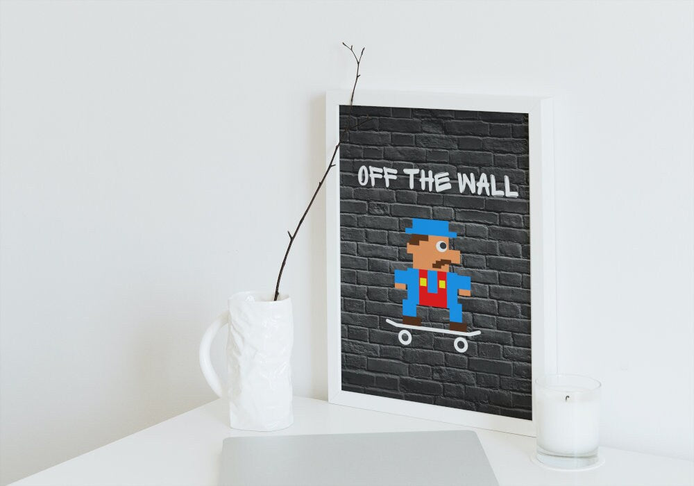 Mario Off the Wall Print INSTANT DOWNLOAD, gaming poster, Skateboarding Print, pixel super mario poster, mario printable, skater video game