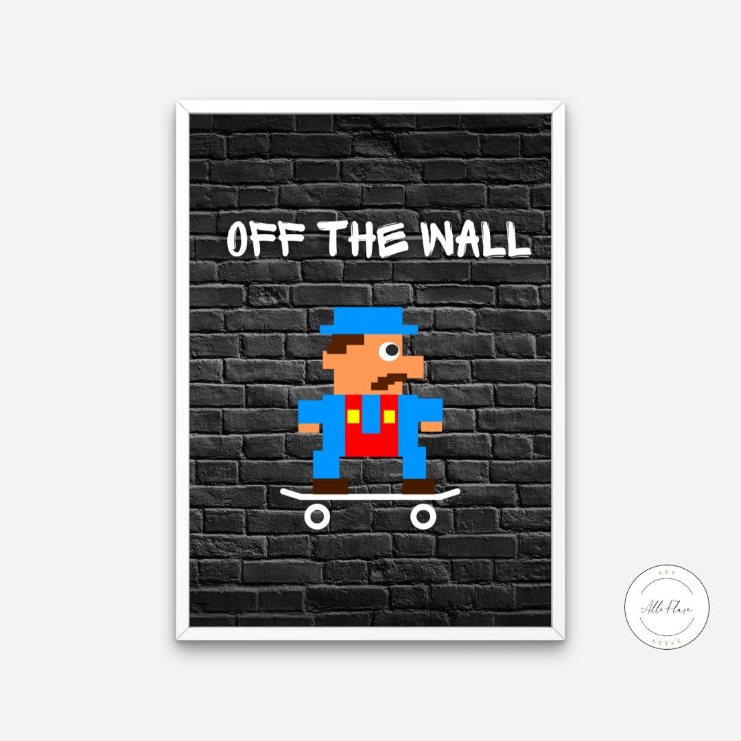 Mario Off the Wall Print INSTANT DOWNLOAD, gaming poster, Skateboarding Print, pixel super mario poster, mario printable, skater video game