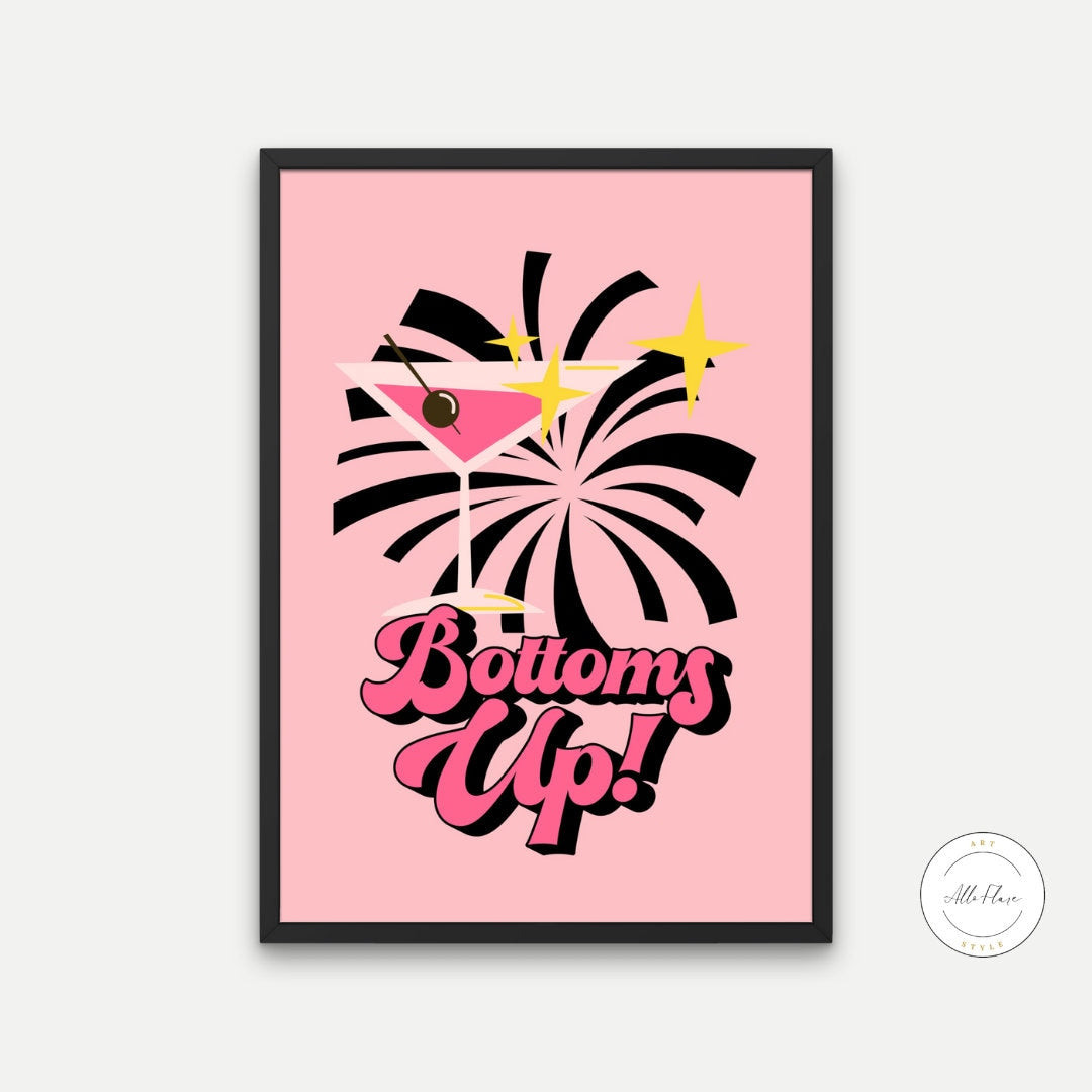 Bottoms Up Preppy Poster INSTANT DOWNLOAD, College Dorm Posters, Martini Print, Colorful cocktail poster, Bar Cart Art, Academia aesthetic