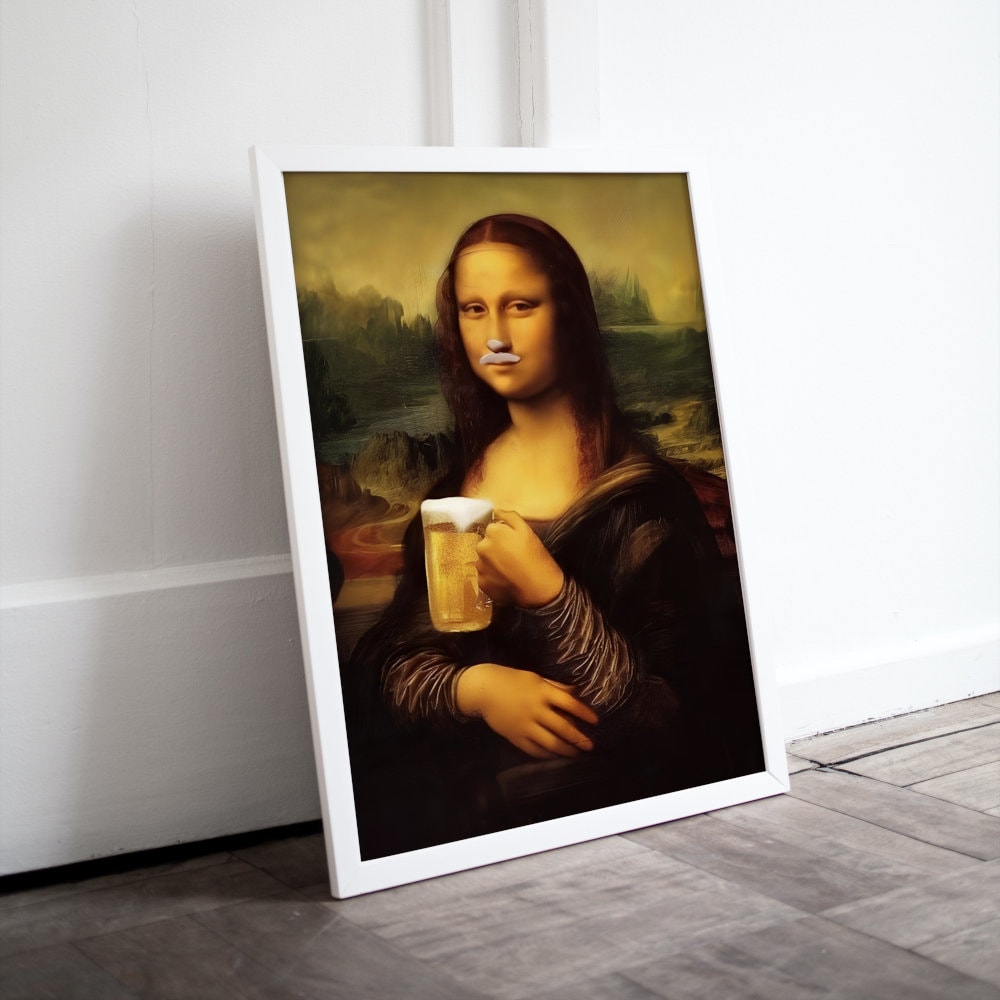 Mona Lisa Drinking Beer Poster DIGITAL PRINT, Mona Lisa poster, Beer lover Gift, Mona Lisa pop art, Renaissance Portrait, altered painting