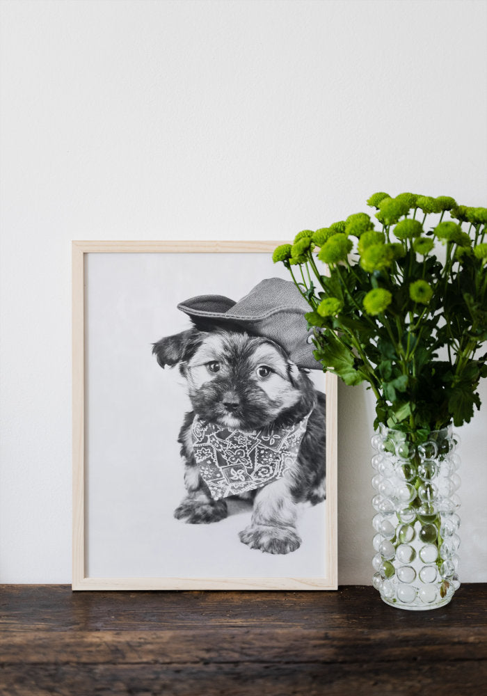 Black and White Cowboy Puppy Picture DIGITAL PRINT, Ranch Cowboy Decor, Country Animal Print, printable dog poster, funny dog portrait, b&w