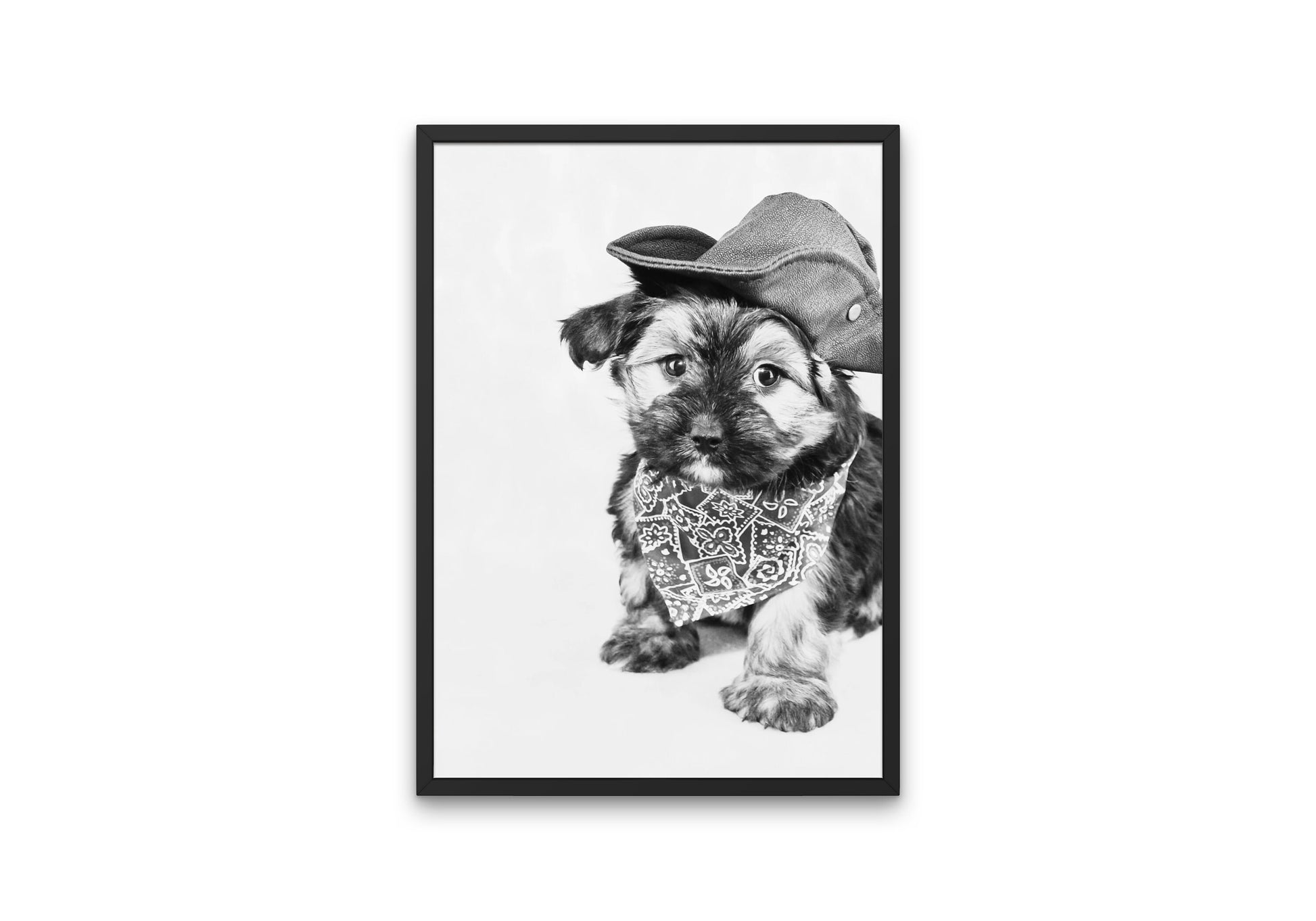 Black and White Cowboy Puppy Picture DIGITAL PRINT, Ranch Cowboy Decor, Country Animal Print, printable dog poster, funny dog portrait, b&w