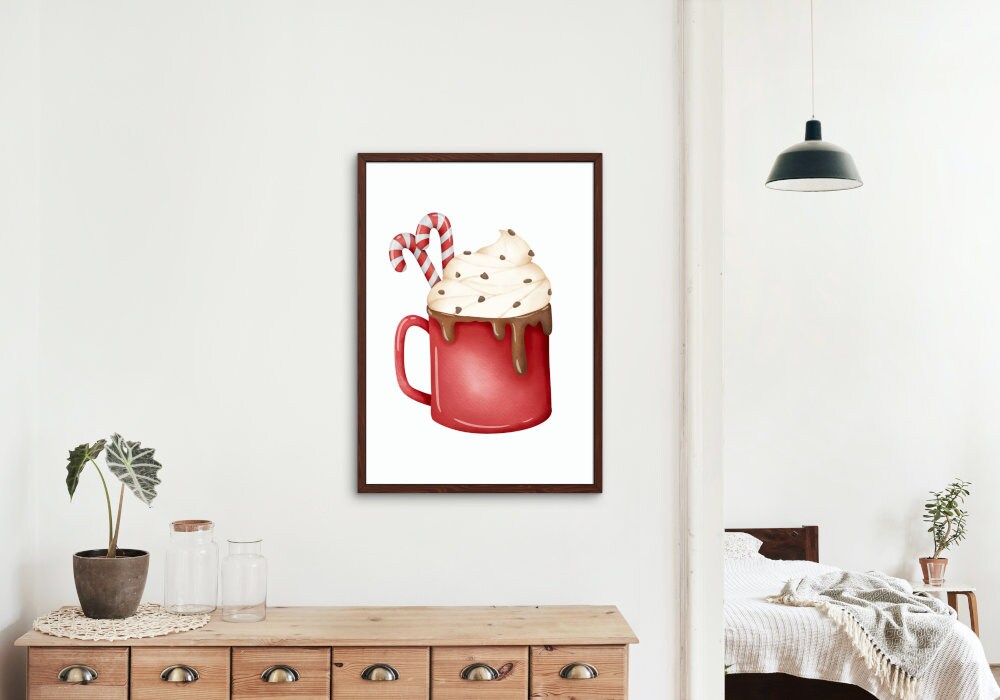 Christmas Hot Cocoa Mug DIGITAL PRINT, winter illustration print, watercolor hot chocolate decor, hygge print, merry christmas candy cane